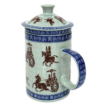 Load image into Gallery viewer, Horsemen Porcelain Infuser Mug – Ancient Cavalry Motif | Pale Green Tea Mug with Lid & Strainer