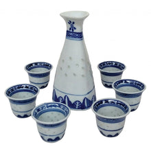 Load image into Gallery viewer, Porcelain Rice Pattern Sake Bottle Set – Blue & White | 1 Bottle + 6 Matching Cups