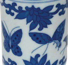 Load image into Gallery viewer, Porcelain Butterflies Mug – Blue & White Lidded Tea Mug | Blossom & Leaf Design