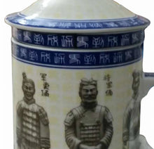 Load image into Gallery viewer, Porcelain Terracotta Warriors Infuser Mug – Blue & White Tea Mug with Lid & Strainer