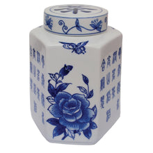 Load image into Gallery viewer, Porcelain Hexagonal Tea Caddy – Blue & White with Birds, Blossoms & Script | Airtight Lid