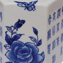 Load image into Gallery viewer, Porcelain Hexagonal Tea Caddy – Blue & White with Birds, Blossoms & Script | Airtight Lid