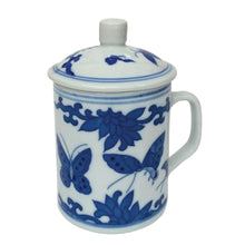 Load image into Gallery viewer, Porcelain Butterflies Mug – Blue & White Lidded Tea Mug | Blossom & Leaf Design