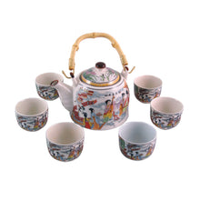 Load image into Gallery viewer, Porcelain Teapot & Cups Set – Traditional Musician Ladies Design | 7-Piece Tea Set with Bamboo Handle