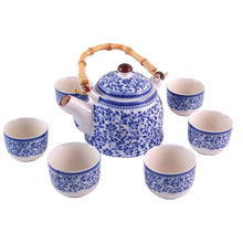 Load image into Gallery viewer, Trailing Leaves Porcelain Tea Set – Blue & White | 7-Piece Teapot & Cups with Bamboo Handle