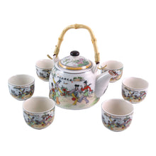 Load image into Gallery viewer, Garden Games Porcelain Tea Set – 7-Piece Set | Traditional Teapot with Bamboo Handle & 6 Matching Cups