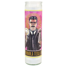 Load image into Gallery viewer, Nikola Tesla Glass Candle – Secular Saints Series | Patron of Inventors & Visionaries