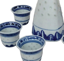 Load image into Gallery viewer, Porcelain Rice Pattern Sake Bottle Set – Blue & White | 1 Bottle + 6 Matching Cups