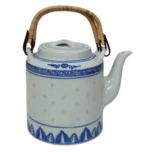 Load image into Gallery viewer, Rice Pattern Porcelain Teapot – Blue & White with Twin Bamboo Handles | 1.25L Capacity