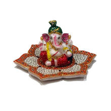 Load image into Gallery viewer, Pagri Ganesh on Marble Lotus Plate – Hand-Painted 8cm Statue