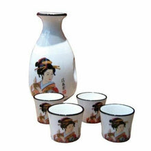 Load image into Gallery viewer, Porcelain Japanese Lady Sake Set – Bottle & 4 Cups, Geisha Design