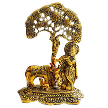Load image into Gallery viewer, Lord Krishna with Cow Under Tree – Golden Metal Oxidised Statue | Hindu Home Temple Décor