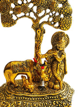Load image into Gallery viewer, Lord Krishna with Cow Under Tree – Golden Metal Oxidised Statue | Hindu Home Temple Décor