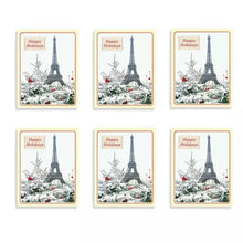 Load image into Gallery viewer, Set of 6 Parisian Winter Greeting Card Boxes – 10 Cards Each – Eiffel Tower Holiday Scene