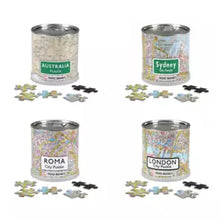 Load image into Gallery viewer, Set of 4 Magnetic Jigsaw Puzzles in a Can – 100 Pieces Each – Australia, Sydney, Roma, London – Travel Map Games