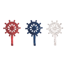 Load image into Gallery viewer, Set of 3 Rudder Coat Hooks – Nautical Metal Wall Hooks Red Blue White