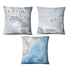 Load image into Gallery viewer, Set of 3 Ocean Map Cushions – 50x50cm Nautical Pillow Covers – Coastal Home Decor