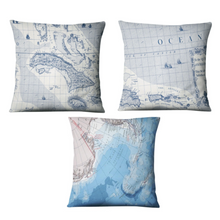 Load image into Gallery viewer, Set of 3 Ocean Map Cushions – 50x50cm Nautical Pillow Covers – Coastal Home Decor