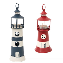 Load image into Gallery viewer, Set of 2 Lighthouse Tealight Holders – Nautical Metal Candle Lanterns
