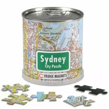 Load image into Gallery viewer, Set of 4 Magnetic Jigsaw Puzzles in a Can – 100 Pieces Each – Australia, Sydney, Roma, London – Travel Map Games