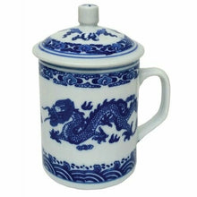 Load image into Gallery viewer, Double Chinese Dragon Mug with Lid – Blue & White Porcelain (300ml)