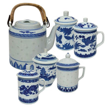 Load image into Gallery viewer, Rice Pattern Porcelain Teapot – Blue & White with Twin Bamboo Handles | 1.25L Capacity