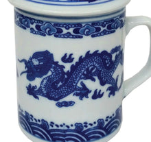 Load image into Gallery viewer, Double Chinese Dragon Mug with Lid – Blue & White Porcelain (300ml)