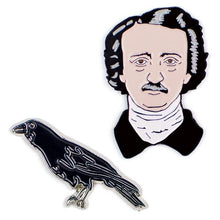 Load image into Gallery viewer, Edgar Allan Poe & The Raven Enamel Pin Set – Literary Gothic Lapel Pins