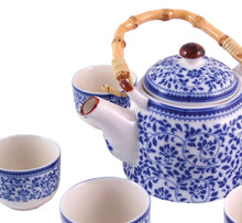 Load image into Gallery viewer, Trailing Leaves Porcelain Tea Set – Blue & White | 7-Piece Teapot & Cups with Bamboo Handle
