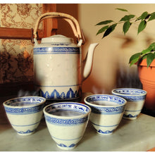 Load image into Gallery viewer, Rice Pattern Porcelain Teapot – Blue & White with Twin Bamboo Handles | 1.25L Capacity