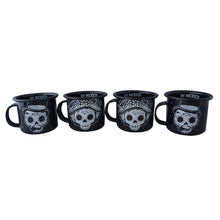 Load image into Gallery viewer, Set of 4 Mexican Catrines Skull Pewter Mini Mugs – Día de Muertos Edition – 75 ml
