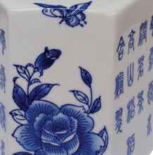 Load image into Gallery viewer, Porcelain Hexagonal Tea Caddy – Blue & White with Birds, Blossoms & Script | Airtight Lid