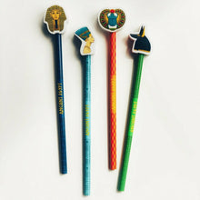 Load image into Gallery viewer, Set of 4 Egyptian Pencil & Eraser Gift Set – Bastet, Nefertiti, Scarab & Tutankhamun