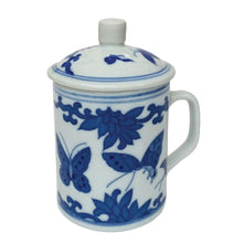 Load image into Gallery viewer, Porcelain Butterflies Mug – Blue & White Lidded Tea Mug | Blossom & Leaf Design