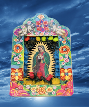 Load image into Gallery viewer, Handcrafted Mexican Tin Shrine – Our Lady of Guadalupe Folk Art Wall Altar