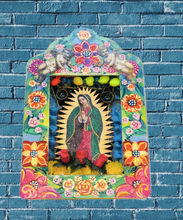 Load image into Gallery viewer, Handcrafted Mexican Tin Shrine – Our Lady of Guadalupe Folk Art Wall Altar