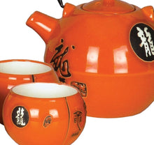 Load image into Gallery viewer, Orange Dragon Porcelain Tea Set – 5-Piece Set | Glossy Teapot with Metal Handle & 4 Matching Cups