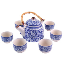 Load image into Gallery viewer, Trailing Leaves Porcelain Tea Set – Blue & White | 7-Piece Teapot & Cups with Bamboo Handle