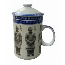 Load image into Gallery viewer, Porcelain Terracotta Warriors Infuser Mug – Blue & White Tea Mug with Lid & Strainer