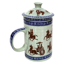 Load image into Gallery viewer, Horsemen Porcelain Infuser Mug – Ancient Cavalry Motif | Pale Green Tea Mug with Lid & Strainer