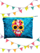 Load image into Gallery viewer, Mexican Skull with Flowers Zip Makeup Bag – Handmade by Wajiro Dream