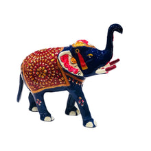 Load image into Gallery viewer, Blue Meenakari Elephant Figurine – Trunk Up Metal Statue (20cm)