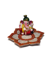 Load image into Gallery viewer, Pagri Ganesh on Marble Lotus Plate – Hand-Painted 8cm Statue