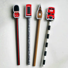 Load image into Gallery viewer, Set of 4 Novelty London Design Pencil & Eraser Set – Big Ben, Bus, Guard & Phone Box