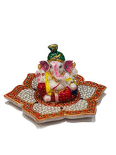Load image into Gallery viewer, Pagri Ganesh on Marble Lotus Plate – Hand-Painted 8cm Statue