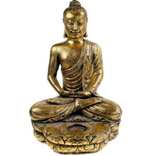 Load image into Gallery viewer, Gold Buddha Ornament 32cm Stone Cast with Tealight Holder – Fair Trade