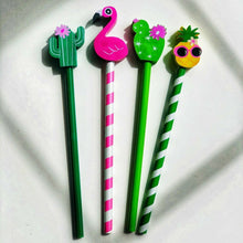 Load image into Gallery viewer, Set of 4 Tropical Fun Pencils with Eraser Toppers – Cactus, Pineapple, Flamingo