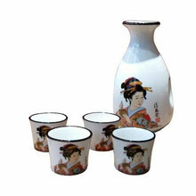 Load image into Gallery viewer, Porcelain Japanese Lady Sake Set – Bottle & 4 Cups, Geisha Design