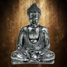 Load image into Gallery viewer, Silver Buddha Ornament 17cm Stone Cast Meditation Pose – Fair Trade Handmade