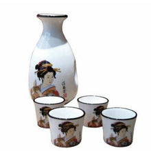 Load image into Gallery viewer, Porcelain Japanese Lady Sake Set – Bottle & 4 Cups, Geisha Design